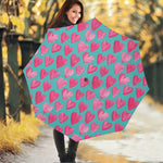 Pink And Teal Watercolor Heart Print Foldable Umbrella