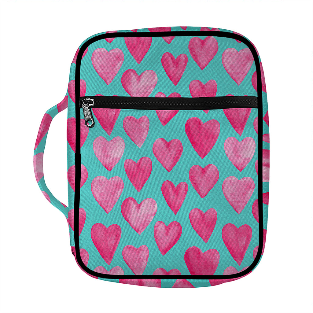 Pink And Teal Watercolor Heart Print Front Pocket Bible Bag