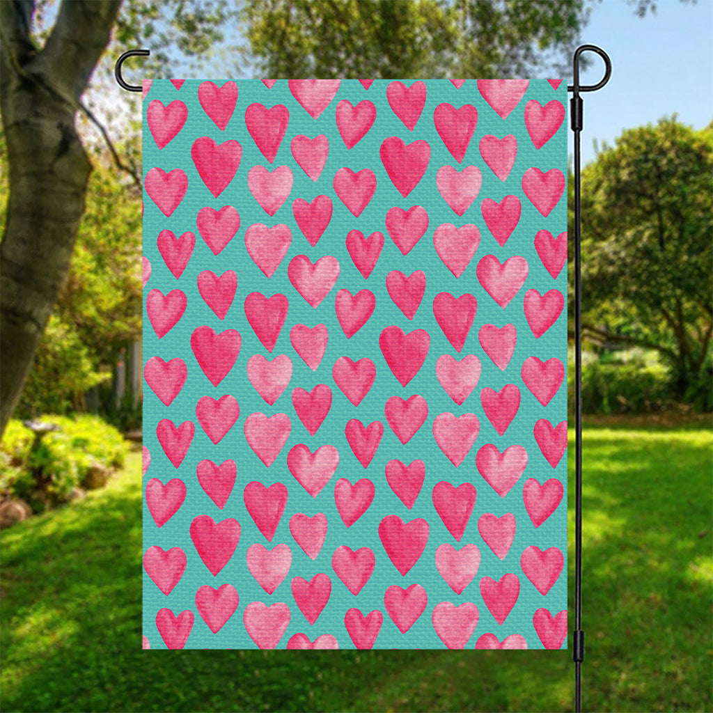 Pink And Teal Watercolor Heart Print Garden Flag