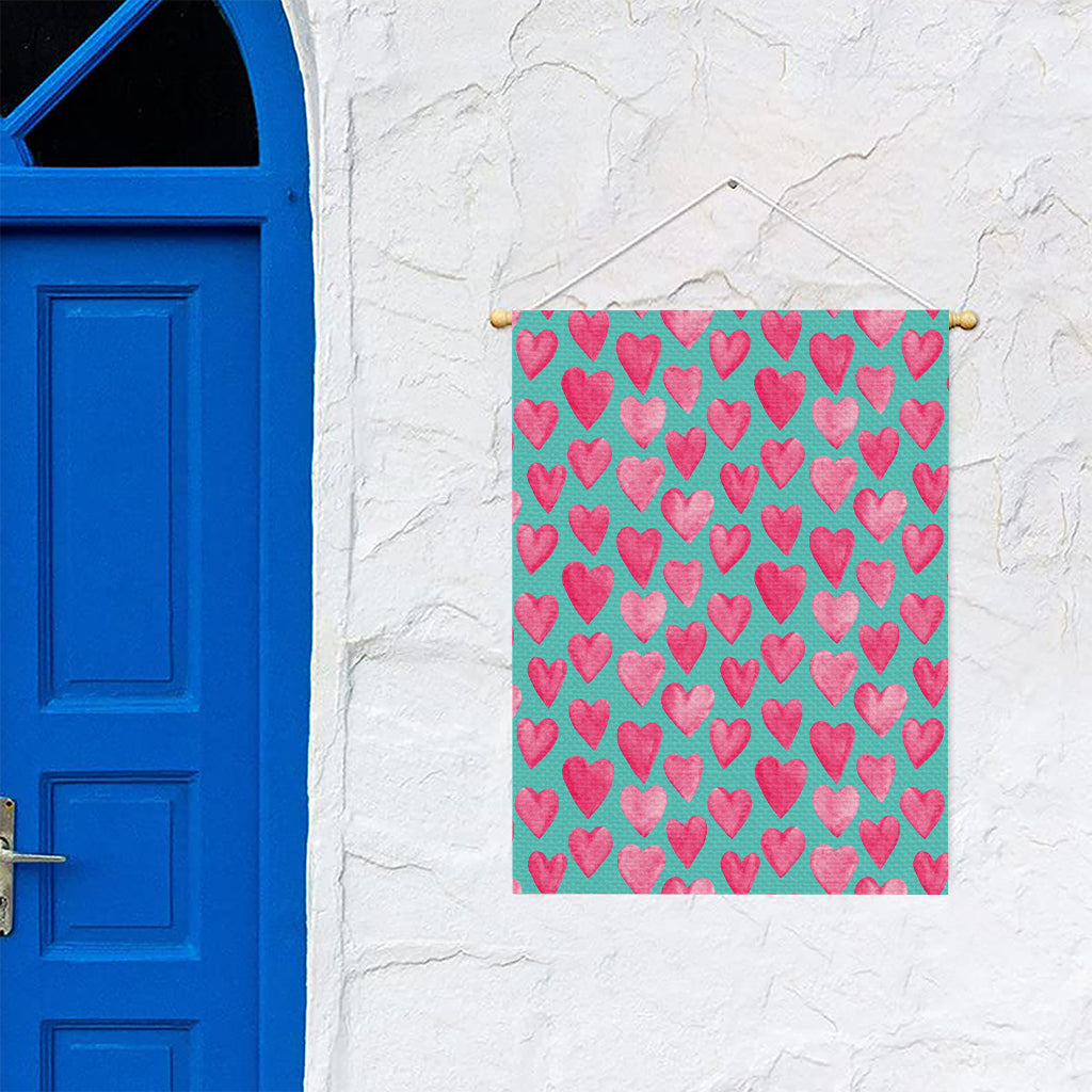 Pink And Teal Watercolor Heart Print Garden Flag