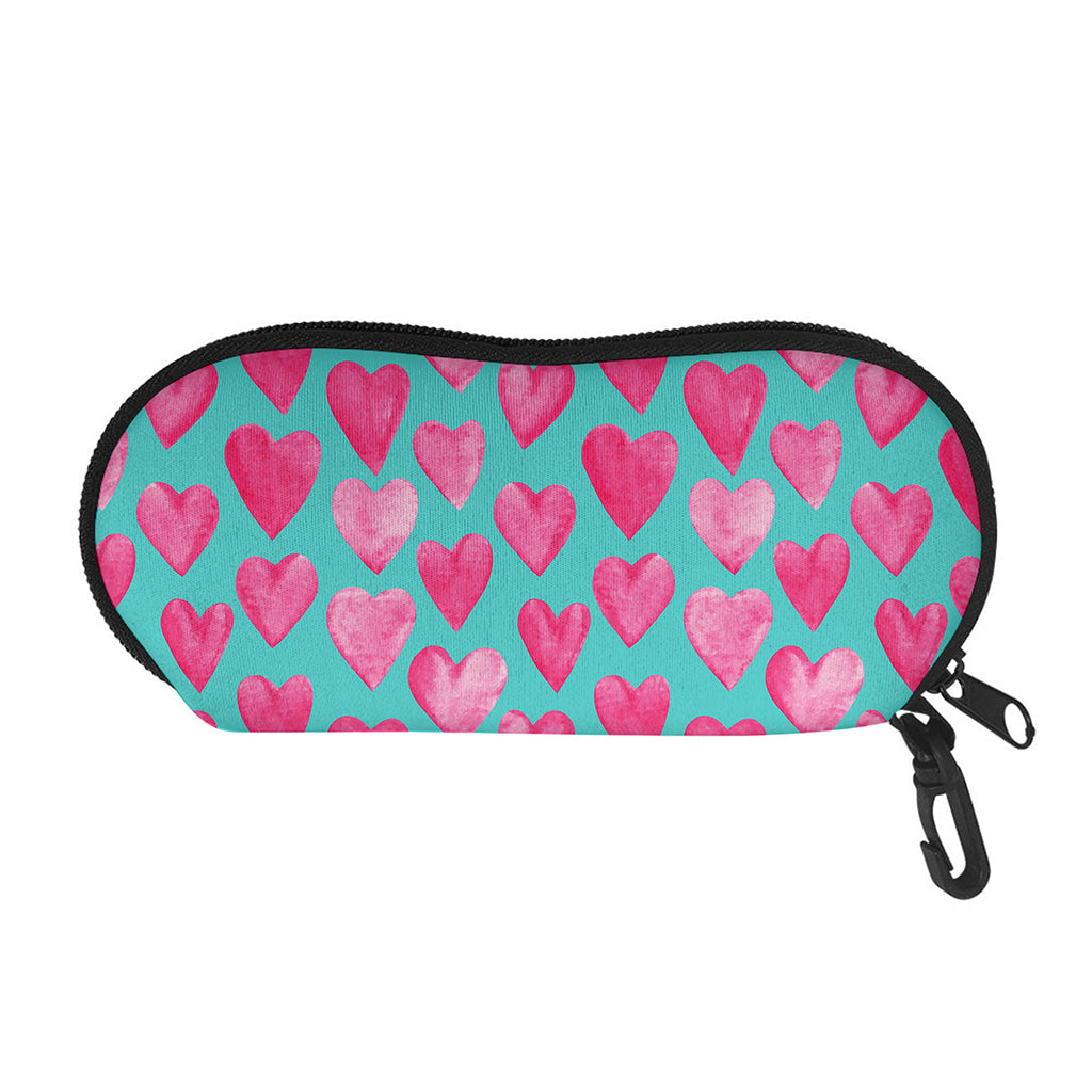 Pink And Teal Watercolor Heart Print Glasses Case