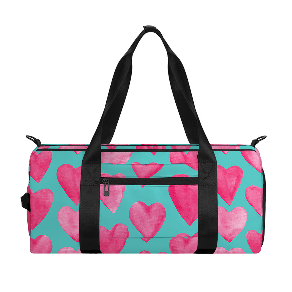 Pink And Teal Watercolor Heart Print Gym Bag