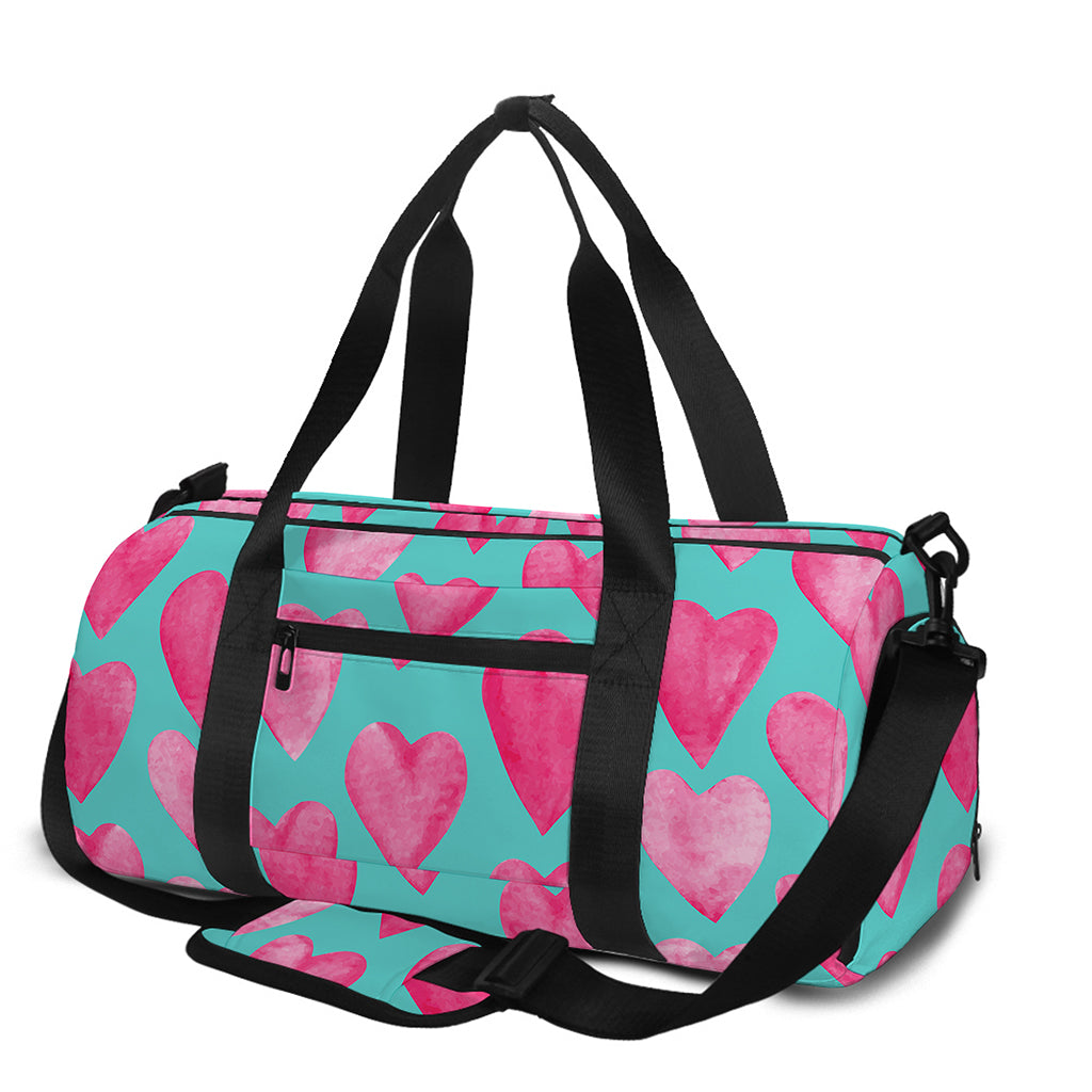 Pink And Teal Watercolor Heart Print Gym Bag