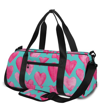 Pink And Teal Watercolor Heart Print Gym Bag