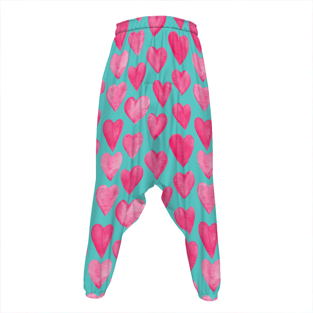 Pink And Teal Watercolor Heart Print Hammer Pants