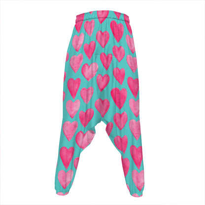 Pink And Teal Watercolor Heart Print Hammer Pants