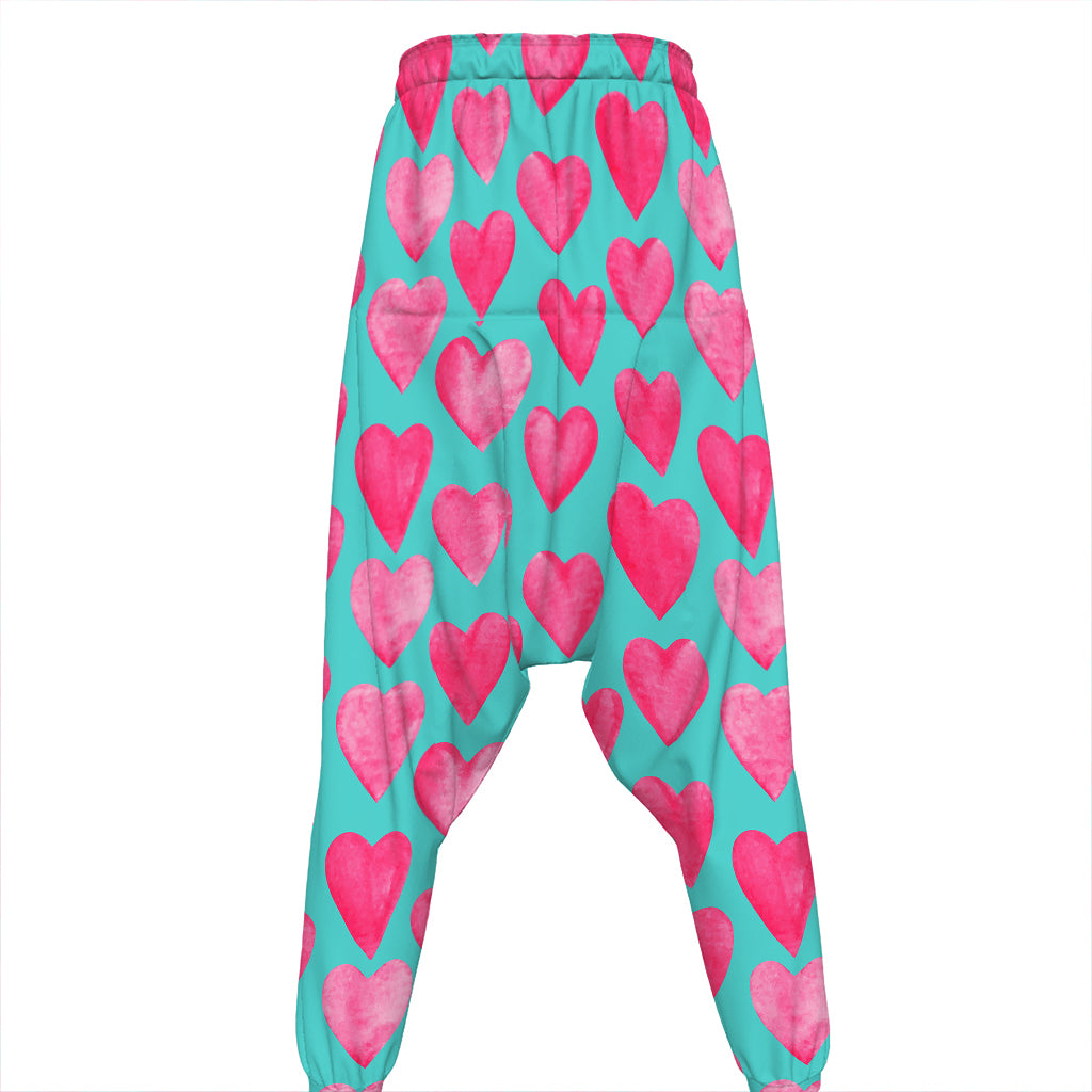 Pink And Teal Watercolor Heart Print Hammer Pants
