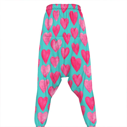Pink And Teal Watercolor Heart Print Hammer Pants