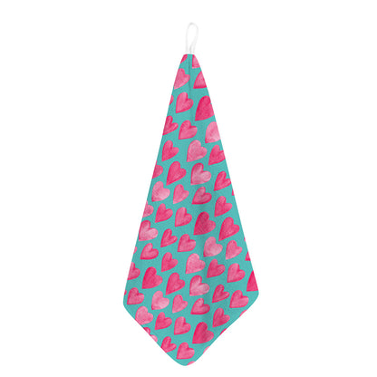 Pink And Teal Watercolor Heart Print Hand Towel