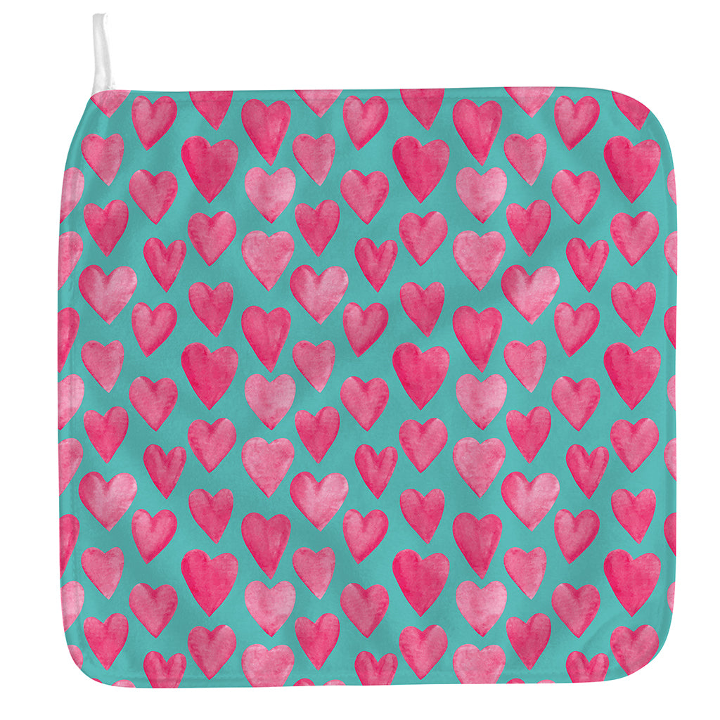 Pink And Teal Watercolor Heart Print Hand Towel
