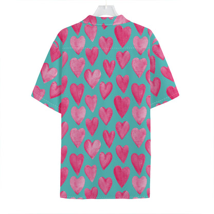 Pink And Teal Watercolor Heart Print Hawaiian Shirt