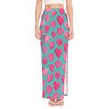 Pink And Teal Watercolor Heart Print High Slit Maxi Skirt
