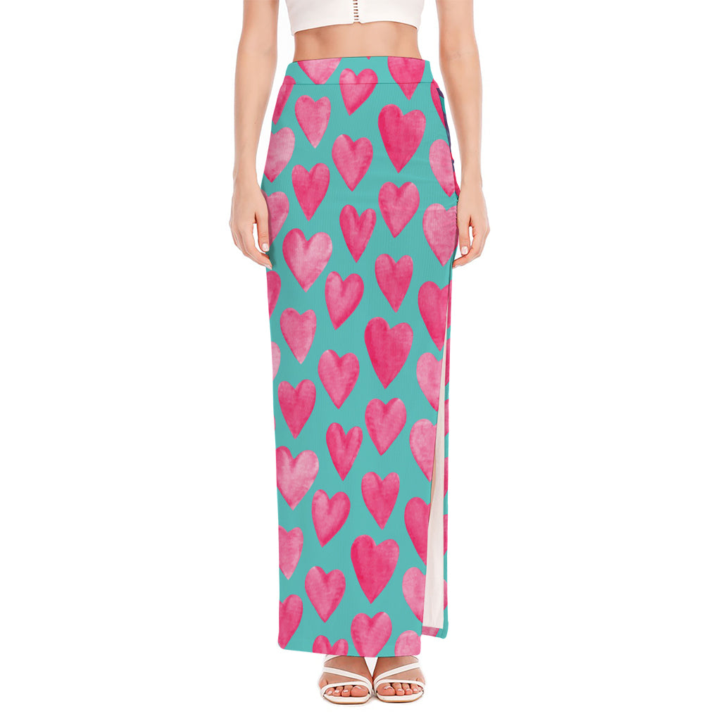 Pink And Teal Watercolor Heart Print High Slit Maxi Skirt