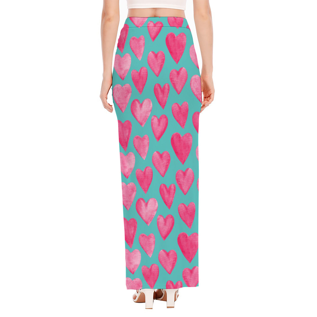 Pink And Teal Watercolor Heart Print High Slit Maxi Skirt