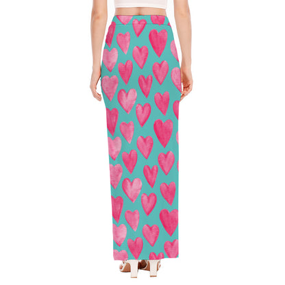 Pink And Teal Watercolor Heart Print High Slit Maxi Skirt