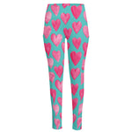 Pink And Teal Watercolor Heart Print High-Waisted Pocket Leggings