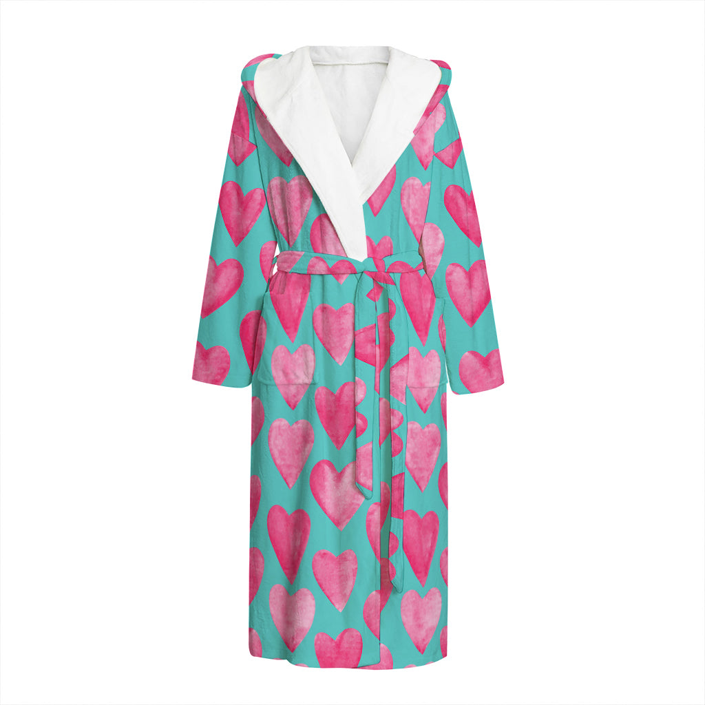 Pink And Teal Watercolor Heart Print Hooded Bathrobe