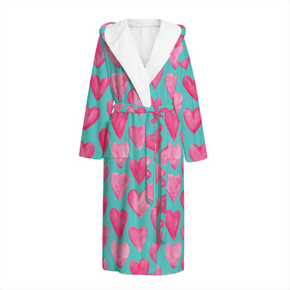 Pink And Teal Watercolor Heart Print Hooded Bathrobe