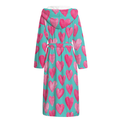 Pink And Teal Watercolor Heart Print Hooded Bathrobe