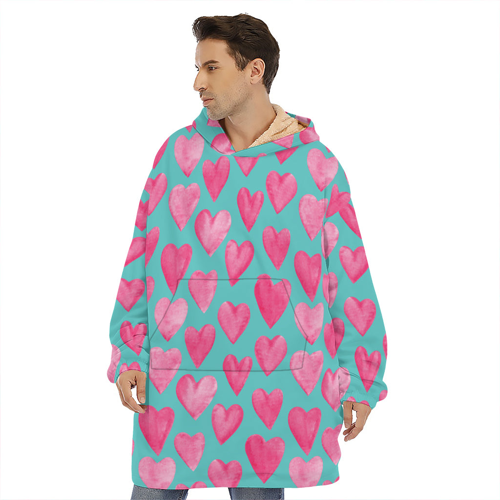 Pink And Teal Watercolor Heart Print Hoodie Blanket