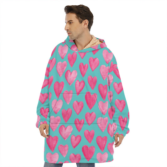 Pink And Teal Watercolor Heart Print Hoodie Blanket