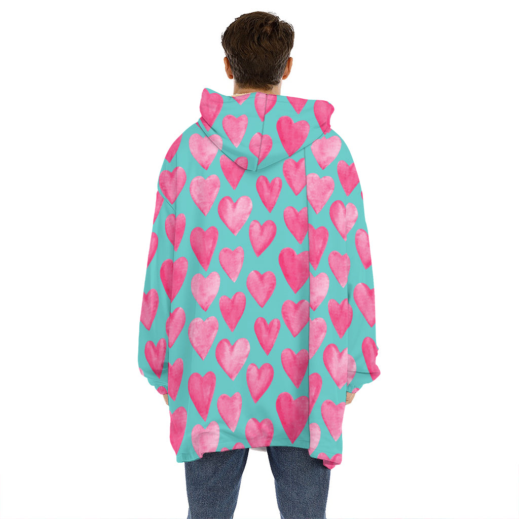 Pink And Teal Watercolor Heart Print Hoodie Blanket