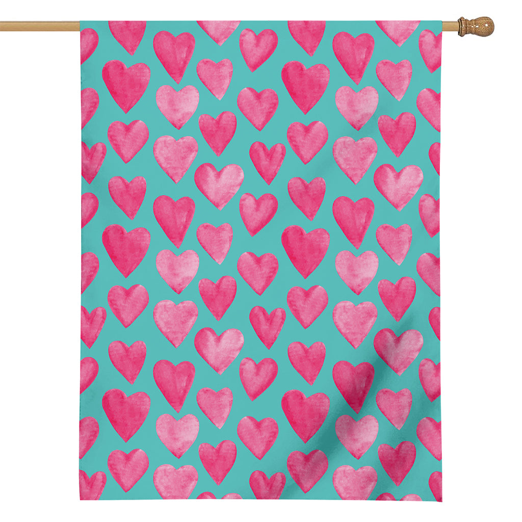 Pink And Teal Watercolor Heart Print House Flag