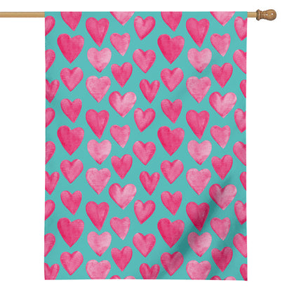 Pink And Teal Watercolor Heart Print House Flag