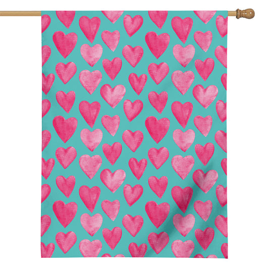 Pink And Teal Watercolor Heart Print House Flag