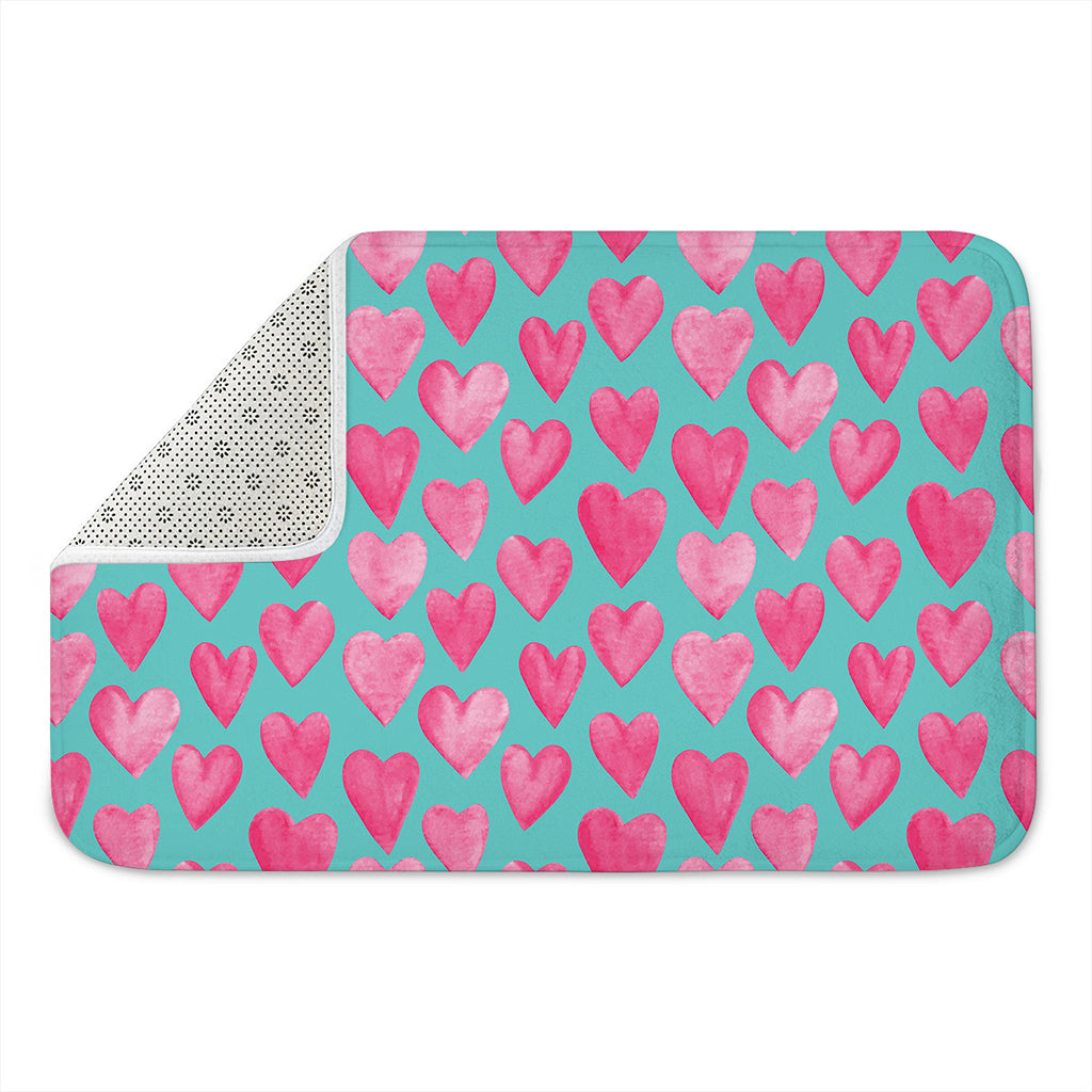 Pink And Teal Watercolor Heart Print Indoor Door Mat