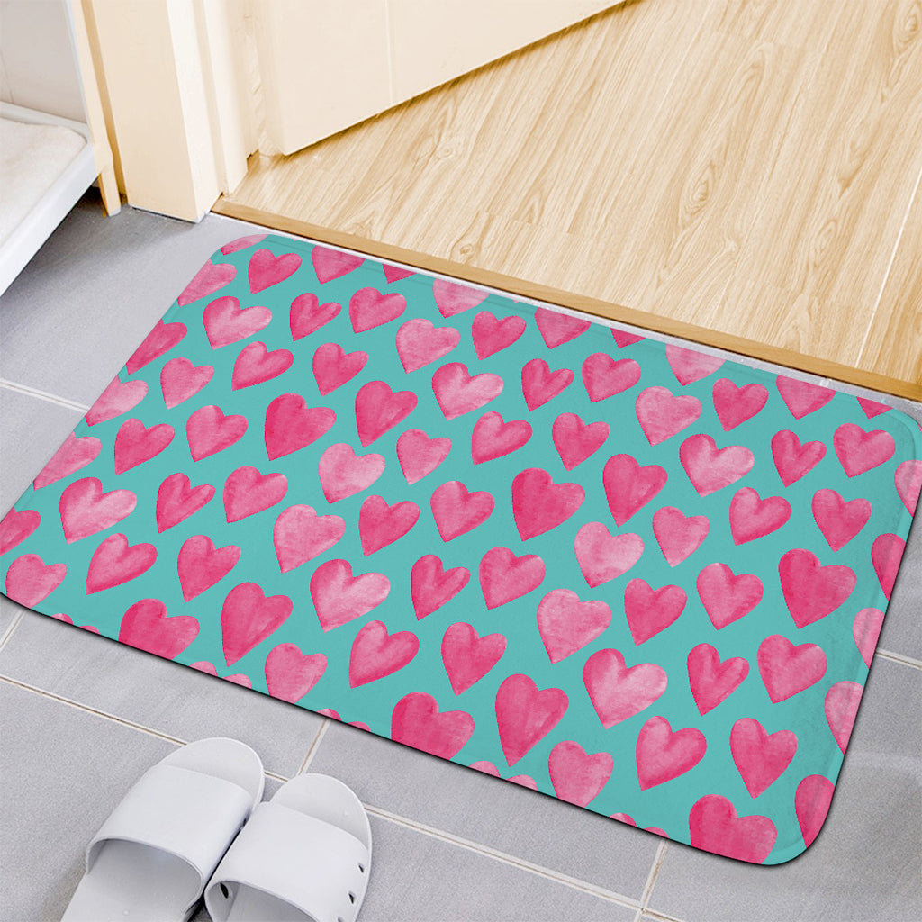 Pink And Teal Watercolor Heart Print Indoor Door Mat