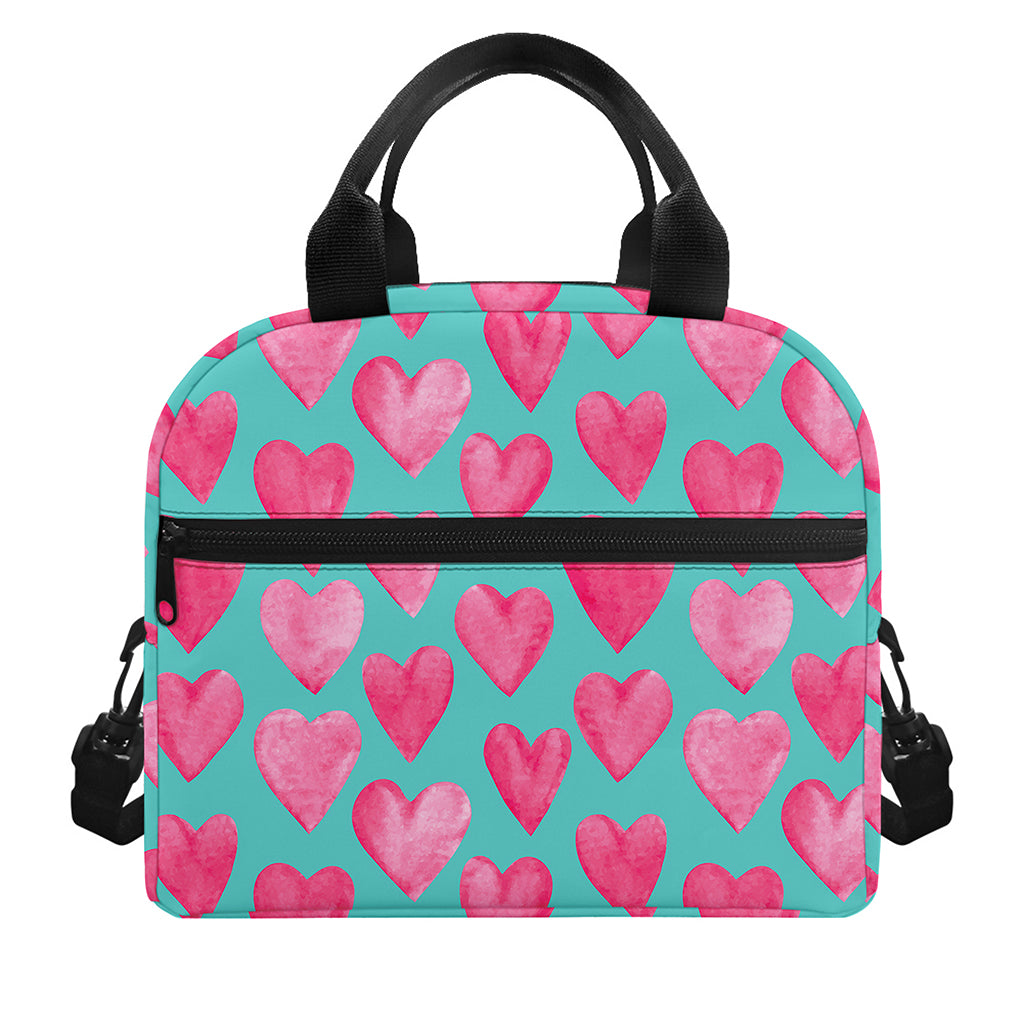 Pink And Teal Watercolor Heart Print Insulated Lunch Bag