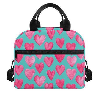 Pink And Teal Watercolor Heart Print Insulated Lunch Bag
