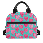 Pink And Teal Watercolor Heart Print Insulated Lunch Bag