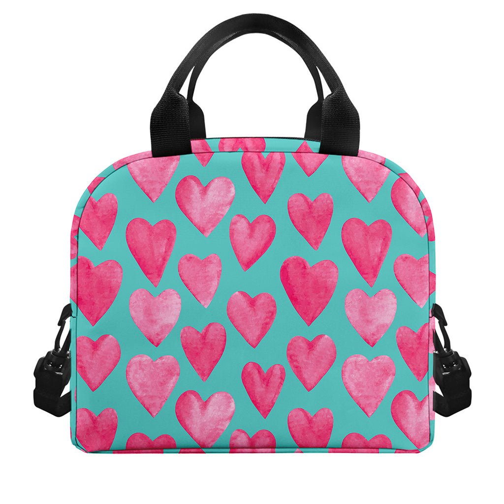 Pink And Teal Watercolor Heart Print Insulated Lunch Bag