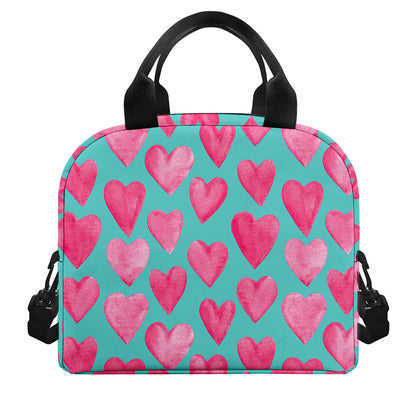 Pink And Teal Watercolor Heart Print Insulated Lunch Bag
