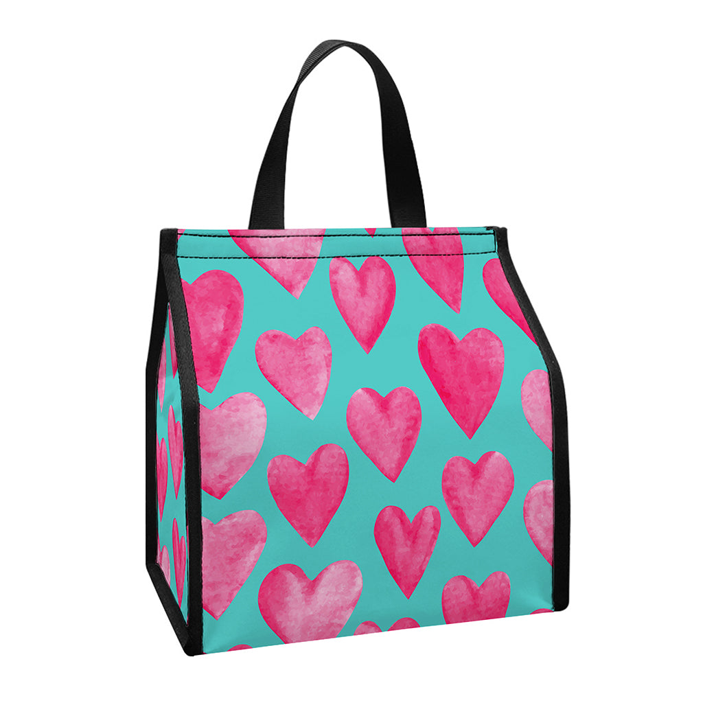 Pink And Teal Watercolor Heart Print Insulated Lunch Tote