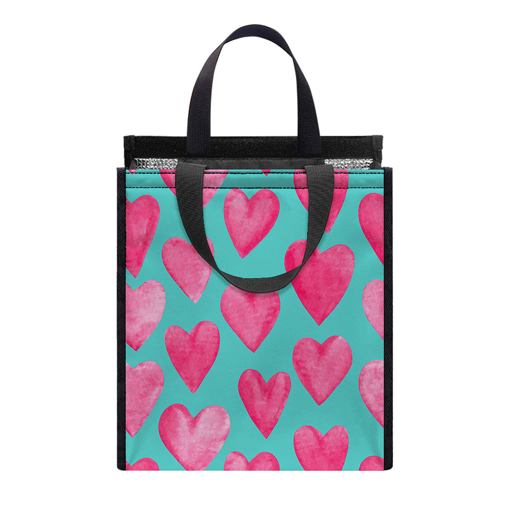 Pink And Teal Watercolor Heart Print Insulated Lunch Tote