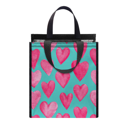 Pink And Teal Watercolor Heart Print Insulated Lunch Tote