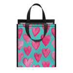 Pink And Teal Watercolor Heart Print Insulated Lunch Tote