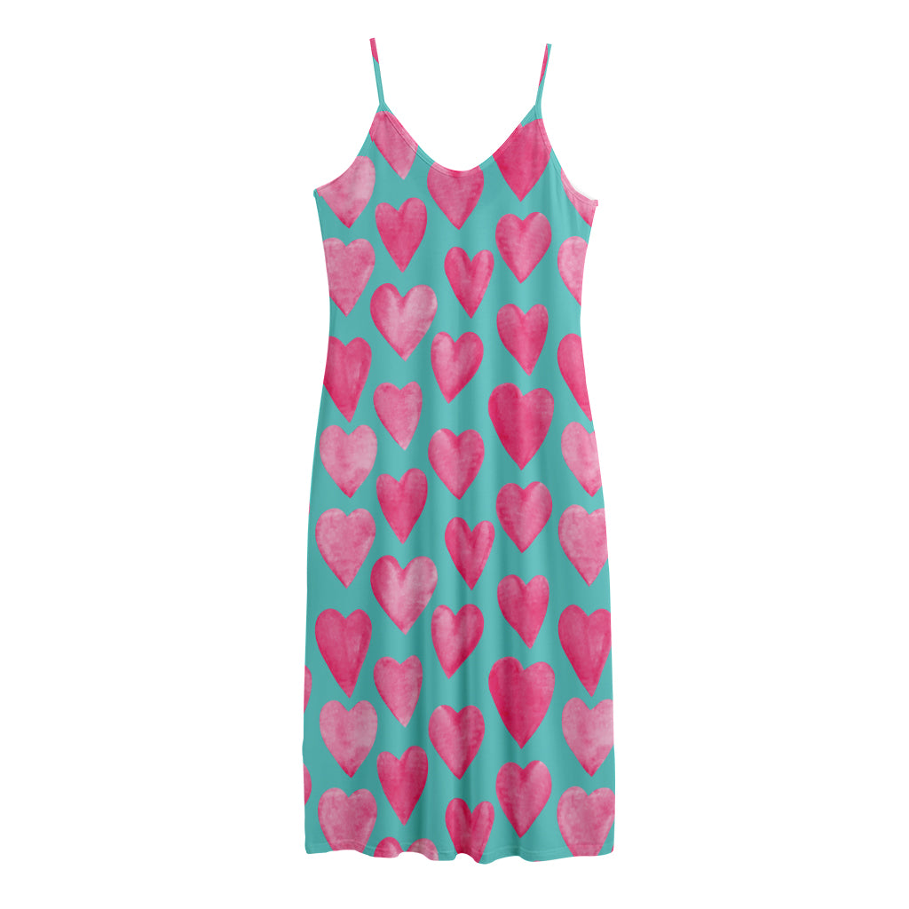 Pink And Teal Watercolor Heart Print Jersey Midi Cami Dress