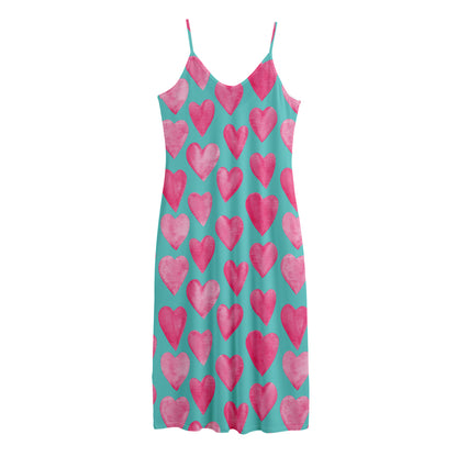 Pink And Teal Watercolor Heart Print Jersey Midi Cami Dress