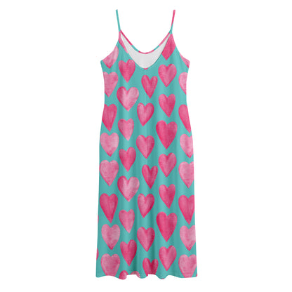 Pink And Teal Watercolor Heart Print Jersey Midi Cami Dress