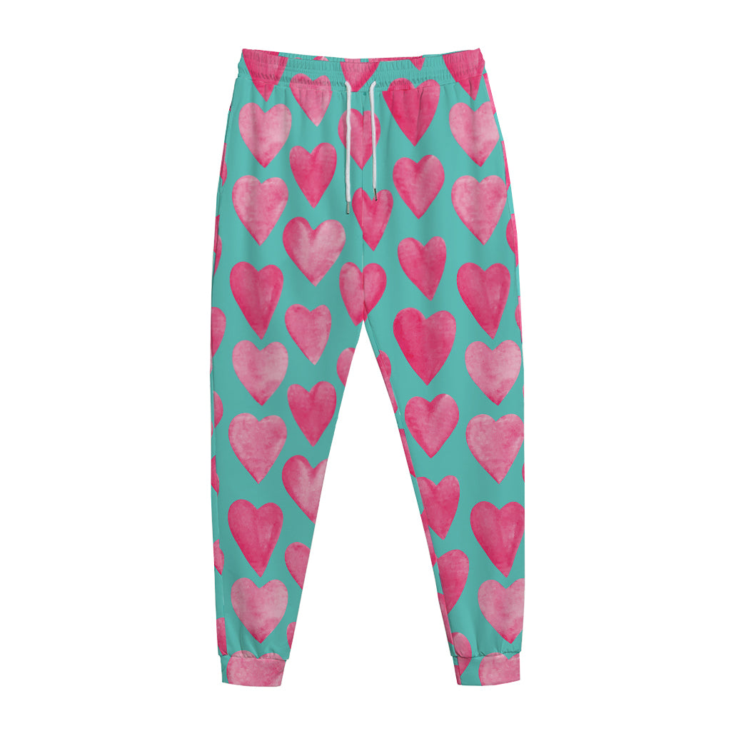 Pink And Teal Watercolor Heart Print Jogger Pants