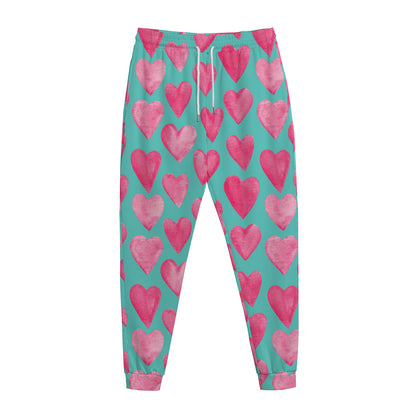 Pink And Teal Watercolor Heart Print Jogger Pants