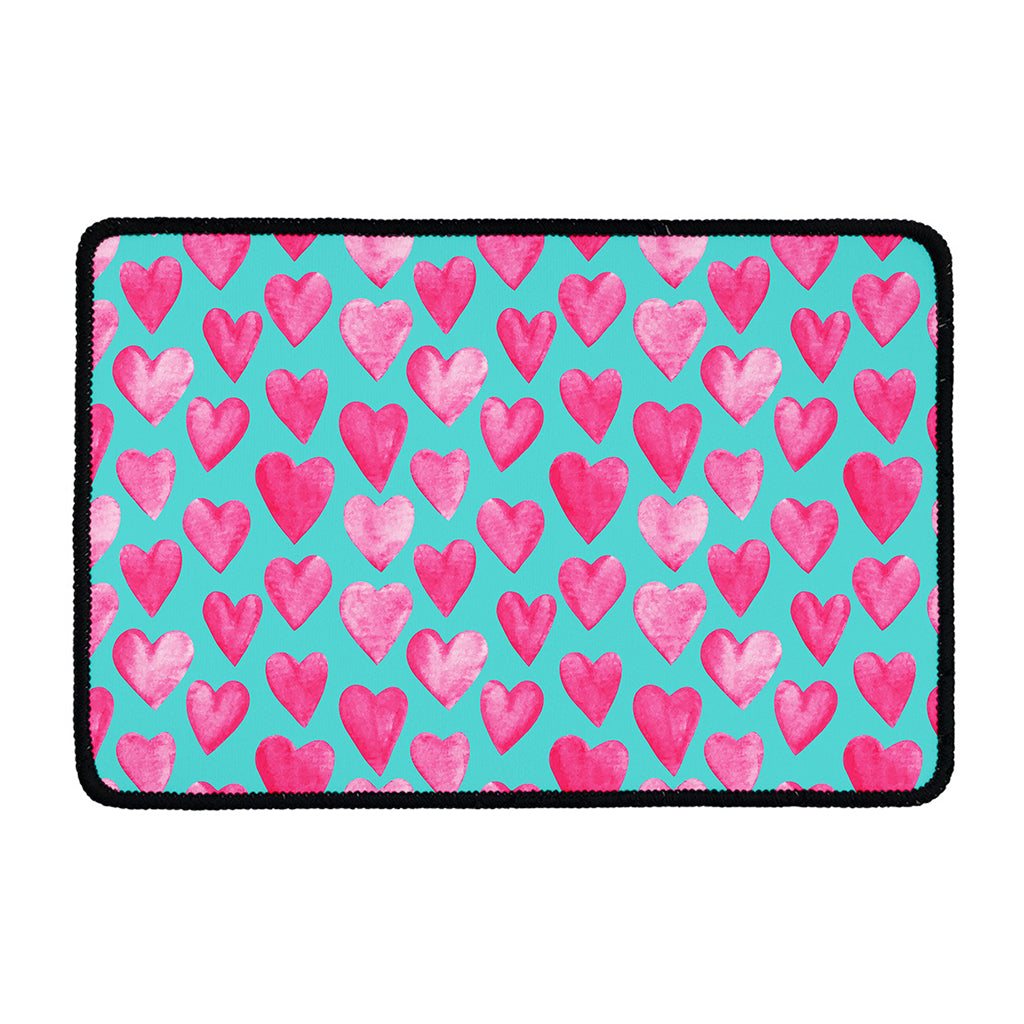 Pink And Teal Watercolor Heart Print Kitchen Mat