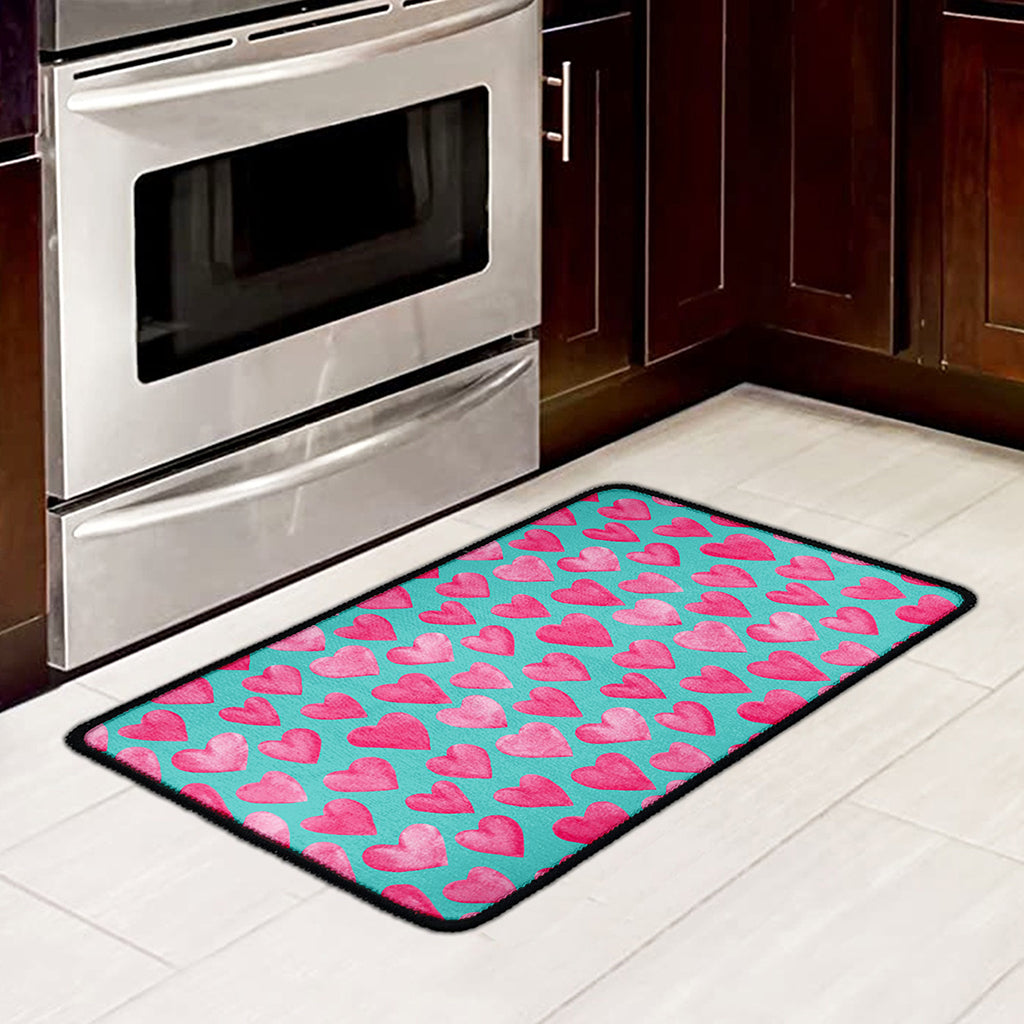 Pink And Teal Watercolor Heart Print Kitchen Mat