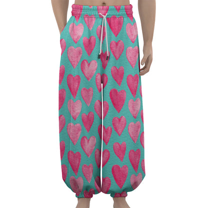 Pink And Teal Watercolor Heart Print Lantern Pants