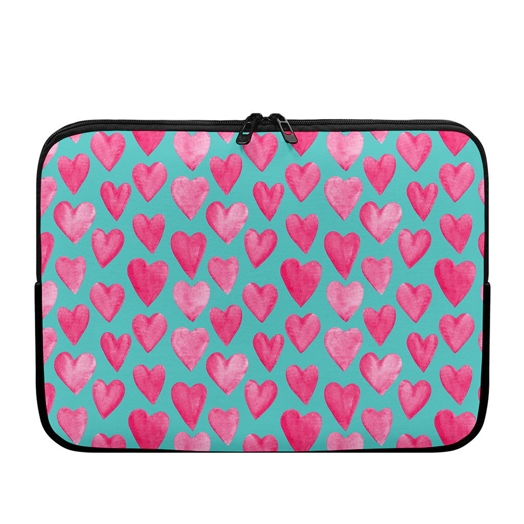 Pink And Teal Watercolor Heart Print Laptop Sleeve