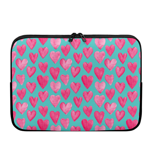 Pink And Teal Watercolor Heart Print Laptop Sleeve